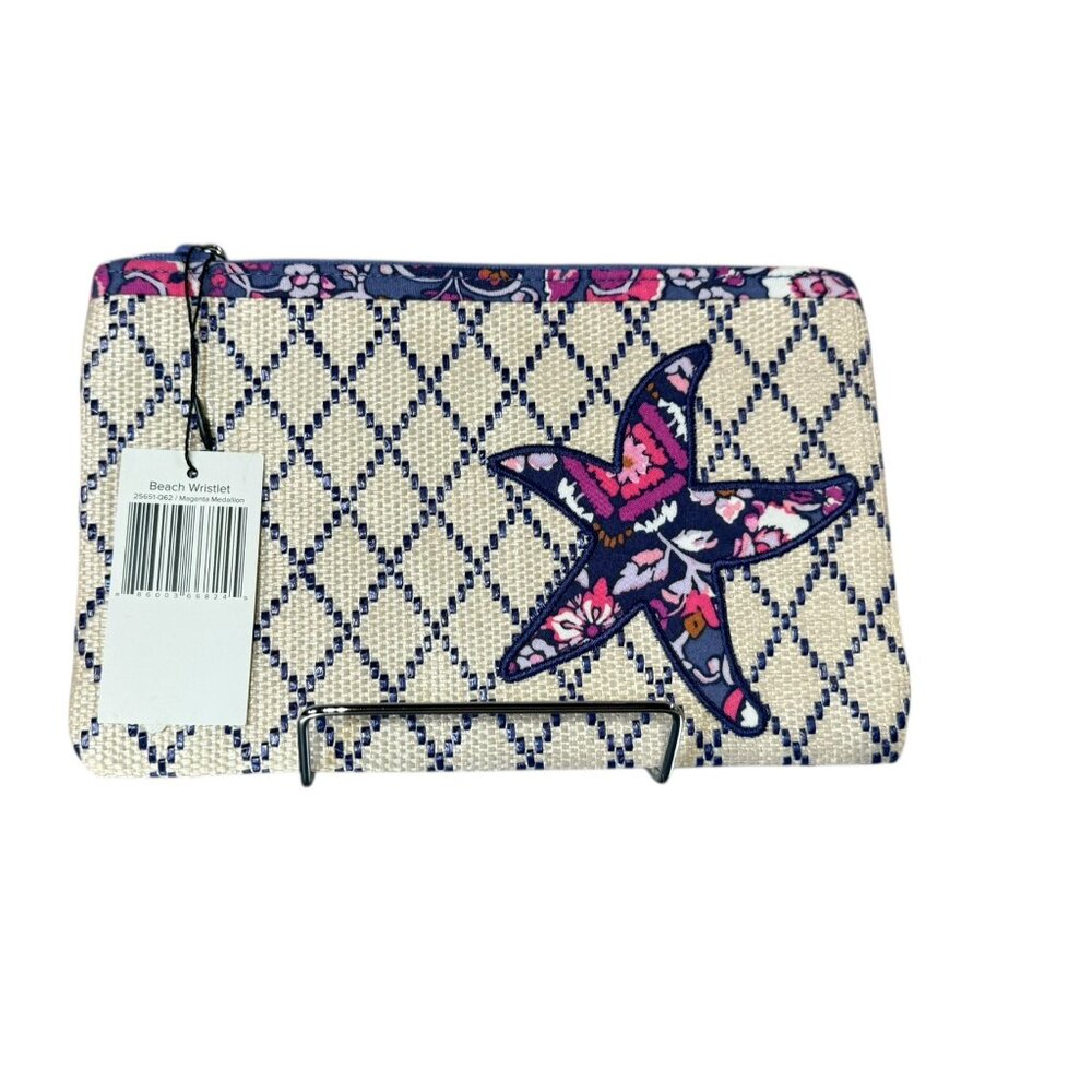 NWT VERA BRADLEY Beach  Wristlet Pink Straw Woven Magenta Medallion Starfish